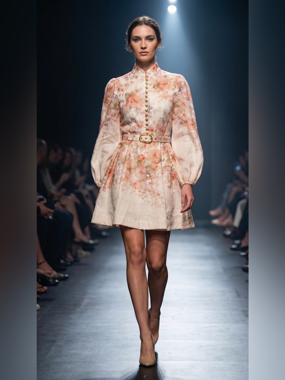 Floral Puff-Sleeve Mini Dress in Blush